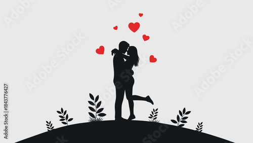 Eternal Embrace: Silhouetted lovers share a tender kiss beneath a cascade of floating hearts, symbolizing everlasting love and the magic of romance. 