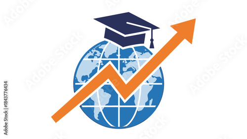 Global Education Growth: A symbolic representation of global education, featuring a graduation cap atop a world globe, intertwined with an upward-trending arrow