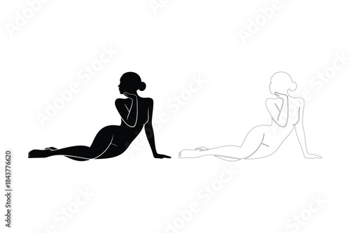 Silhouette and line art of a reclining woman in a sensual pose on a white background