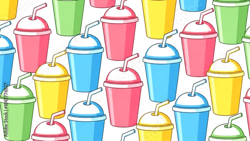 Colorful illustration of various fast food drink cups with straws isolated on for menu or advertisement use