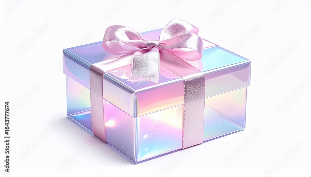Obraz premium Iridescent gift box tied with a satin ribbon on a white background, studio shot