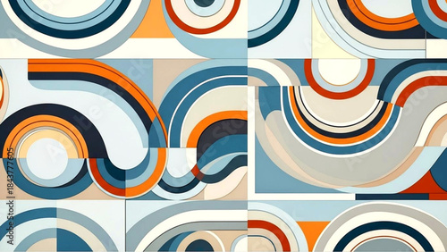 Vibrant abstract composition with swirling shapes in blue, orange, and white hues on a light blue background