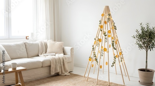 Scandinavian Style Alternative Christmas Tree with Eucalyptus and Lights