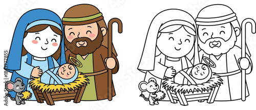 Cute Cartoon Nativity Scene: Mary, Joseph, Baby Jesus, and Mouse - Christmas Holy Family Line Art