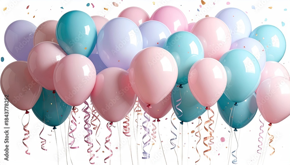 Obraz premium Festive pastel balloons with curling ribbons and falling confetti celebration.