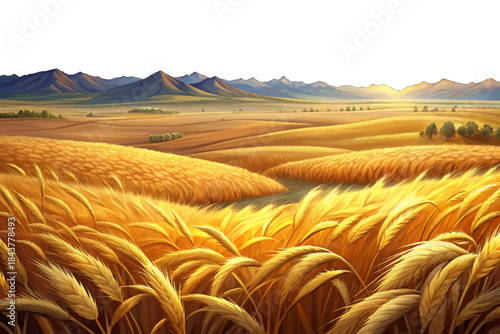 Golden wheat fields spread across the Great Plains with wide horizons, wind-shaped crops, and expansive agricultural land supporting large-scale grain production