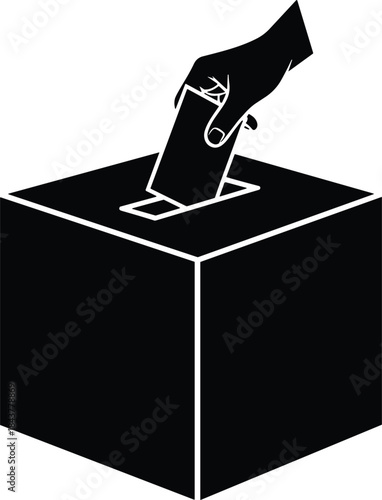 Black Silhouette Hand Dropping Ballot into Election Box Symbolizing Democracy, Freedom, and the Fundamental Right to Choose Representatives in Local and National Government Voting Processes.