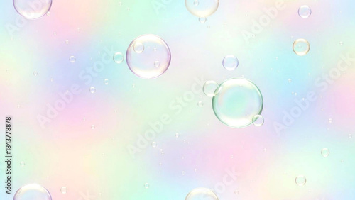 Beautiful pastel colored background with shiny transparent bubbles floating around in different sizes and shapes