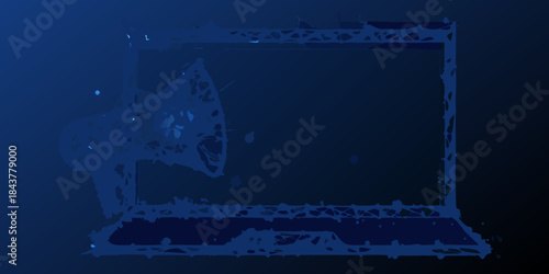 A dark blue illustration of a laptop with a megaphone emitting sound
