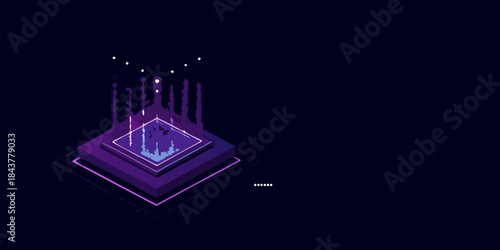 A glowing pixelated cube structure with radiating light on a dark background