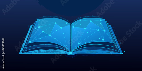 An open book illuminated with a network of glowing digital connections