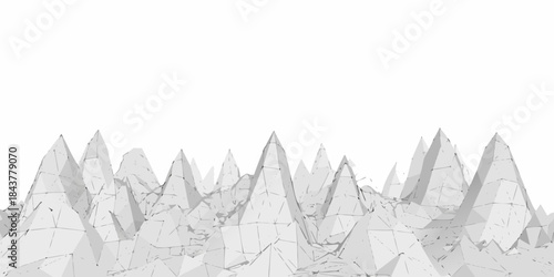 Abstract white mountainous landscape with jagged peaks and a minimalist aesthetic