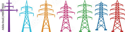 Colorful set of electrical transmission towers vector illustration showing high voltage power line pylons and industrial electric grid network constructions, 