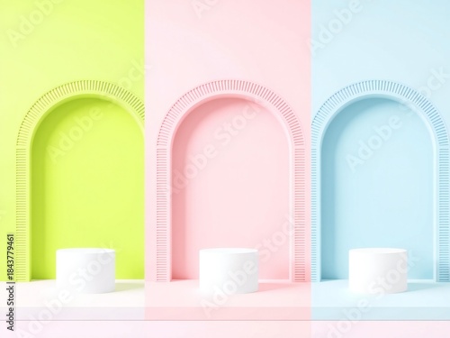Three pastel arched display podiums with white cylinders against a colorful background