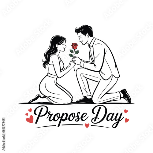 Propose Day Romantic Illustration of Man Kneeling with Rose Proposing to Woman – Love and Engagement Concept