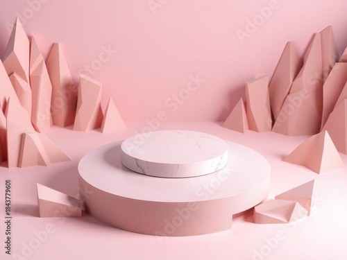 Modern minimalist pink podium with geometric shapes and soft lighting