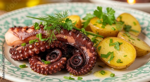 Grilled octopus with potatoes and herbs on a decorative plate - gourmet cuisine for culinary inspiration