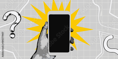 A hand holding a smartphone with a question mark and burst background