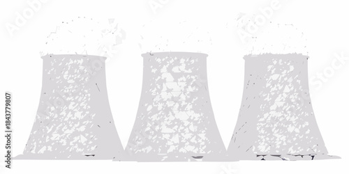 Illustration of three cooling towers with a textured distressed appearance