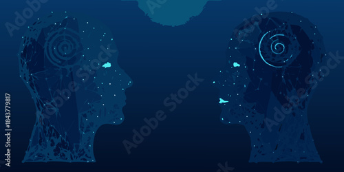 Abstract digital art depicting two human heads with swirling vortexes inside