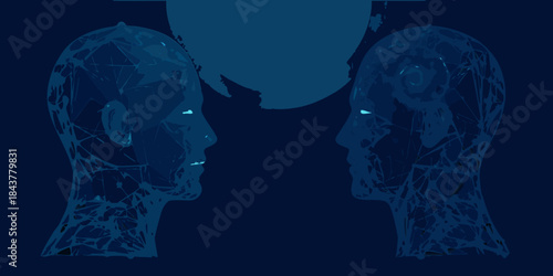 Two polygonal heads facing each other with a glowing shape above