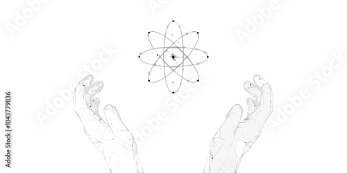 Hands cradling a wireframe model of an atom symbolizing control of energy