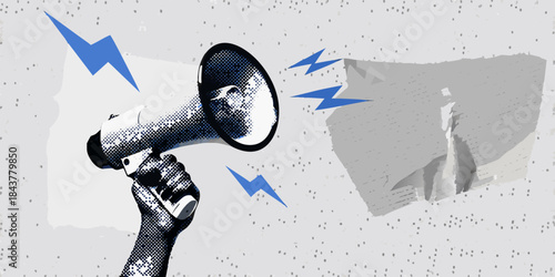 A hand holding a megaphone with blue lightning bolts and torn paper