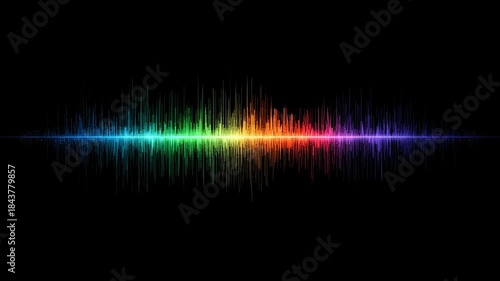 Vibrant rainbow audio spectrum sound wave creating dynamic equalizer motion. powerful abstract visualization of music frequency and rhythm on dark background