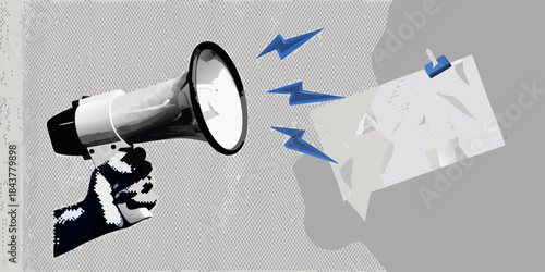 A hand holding a megaphone broadcasting announcements towards a bulletin board