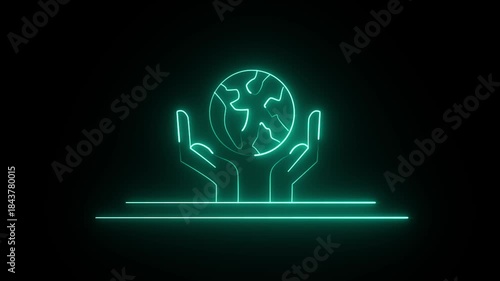 An illustration of human hands holding the Earth globe, rendered in a glowing neon line style.