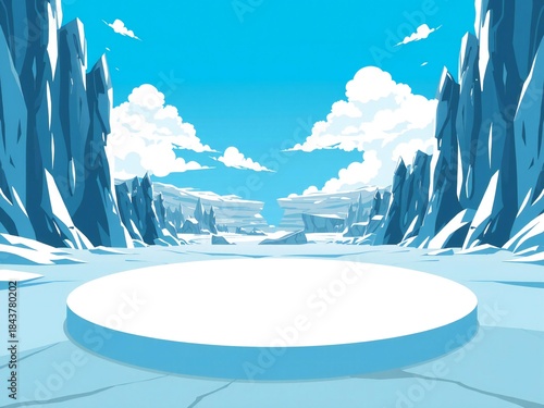 Empty white podium in a frozen landscape with icy cliffs and blue sky