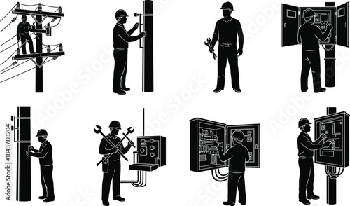 Electrician Lineworker Silhouette Vector Collection: Power Pole Maintenance, Electrical Box Repair, Utility Service Technician, Industrial Energy Line Installation, Control Panel Worker,