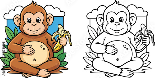 Cute cartoon monkey sitting and holding a peeled banana. Happy brown primate character for kids ages 1-3 with jungle leaves background vector illustration.