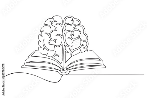 Continuous line drawing of a brain placed on an open book symbolizing knowledge and learning