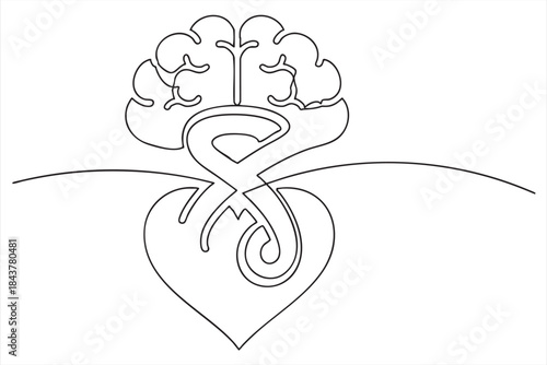 Continuous line drawing of brain and heart with an ampersand intertwined symbolizing balance between logic and emotion