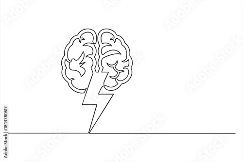 Continuous line drawing of a human brain with a lightning bolt, symbolizing a sudden idea or a stroke of genius