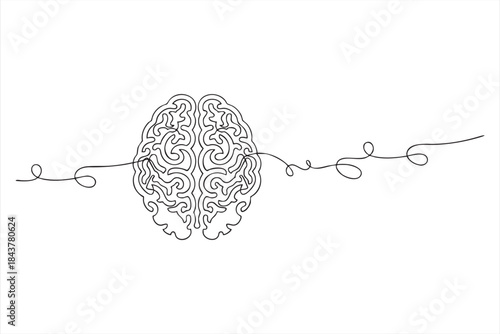 Continuous line drawing of a detailed human brain with a complex wavy line, representing intricate thought processes and neural networks