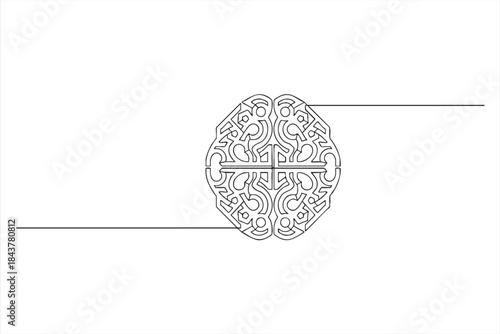 Continuous one line drawing of a stylized brain with an intricate maze pattern representing problem solving