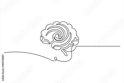 Continuous one line drawing of a human brain with a swirling pattern inside symbolizing complex thought processes