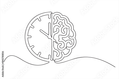 Continuous one line drawing of a half brain half clock symbolizing time management and mental efficiency