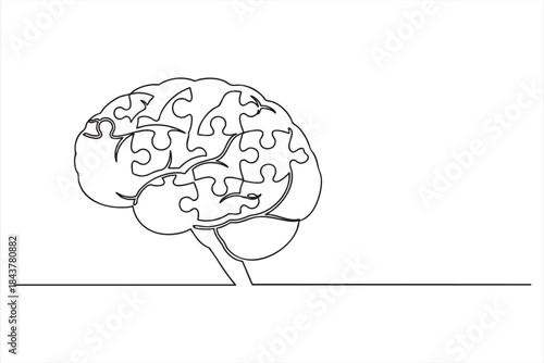 Continuous line drawing of a human brain with puzzle pieces representing intelligence and problem solving