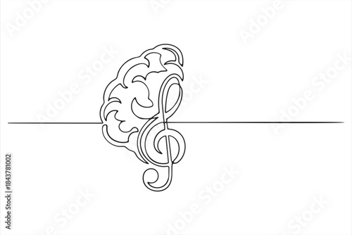 Continuous line drawing of half brain and half treble clef representing creative thinking and artistic expression