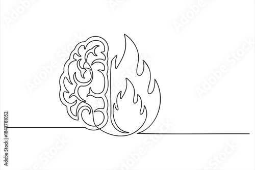 Continuous line drawing of half brain and half flame representing burning passion and intellectual intensity