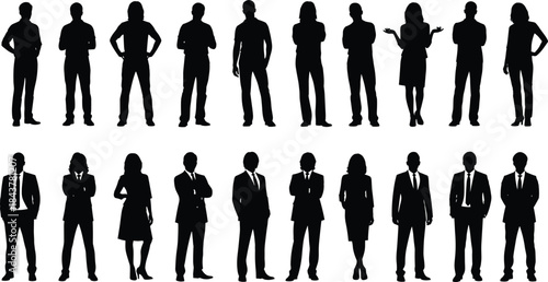 Professional business people and casual group silhouettes set, diverse corporate executive workers standing full length, men and women isolated on white, vector illustration collection for team 