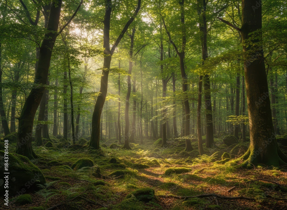 Fototapeta premium Serene Forest Scene with Sunlight Filtering Through Green Canopy