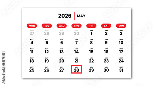 The date May 28th, 2026 marked with a red cursor on the wall