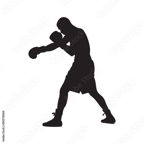 Silhouette of a boxer throwing a punch in a fighting stance against a pure white background