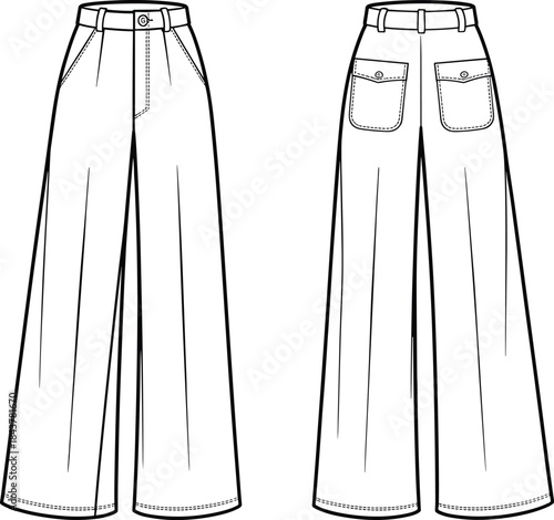 Women's wide leg pants technical flat vector illustration front and back view fashion apparel design template for clothing manufacturing production