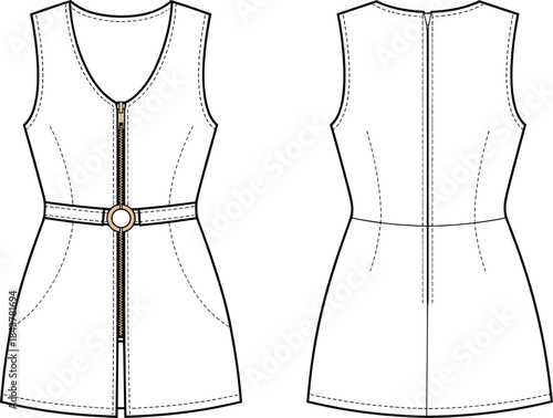 Women's sleeveless zipper mini dress technical flat vector illustration front and back view fashion apparel design template for clothing manufacturing