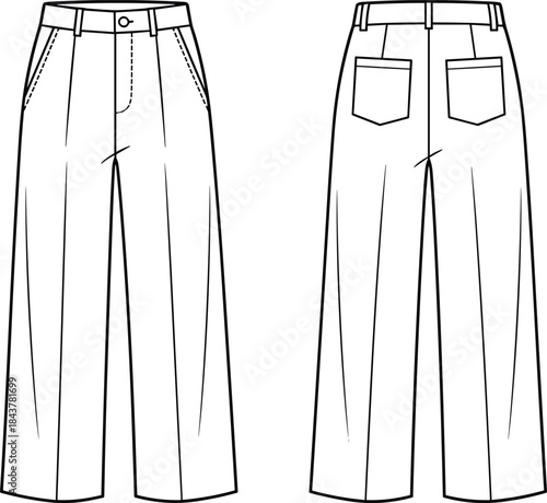 Women's straight leg trousers technical flat vector illustration front and back view fashion apparel design template for clothing manufacturing production